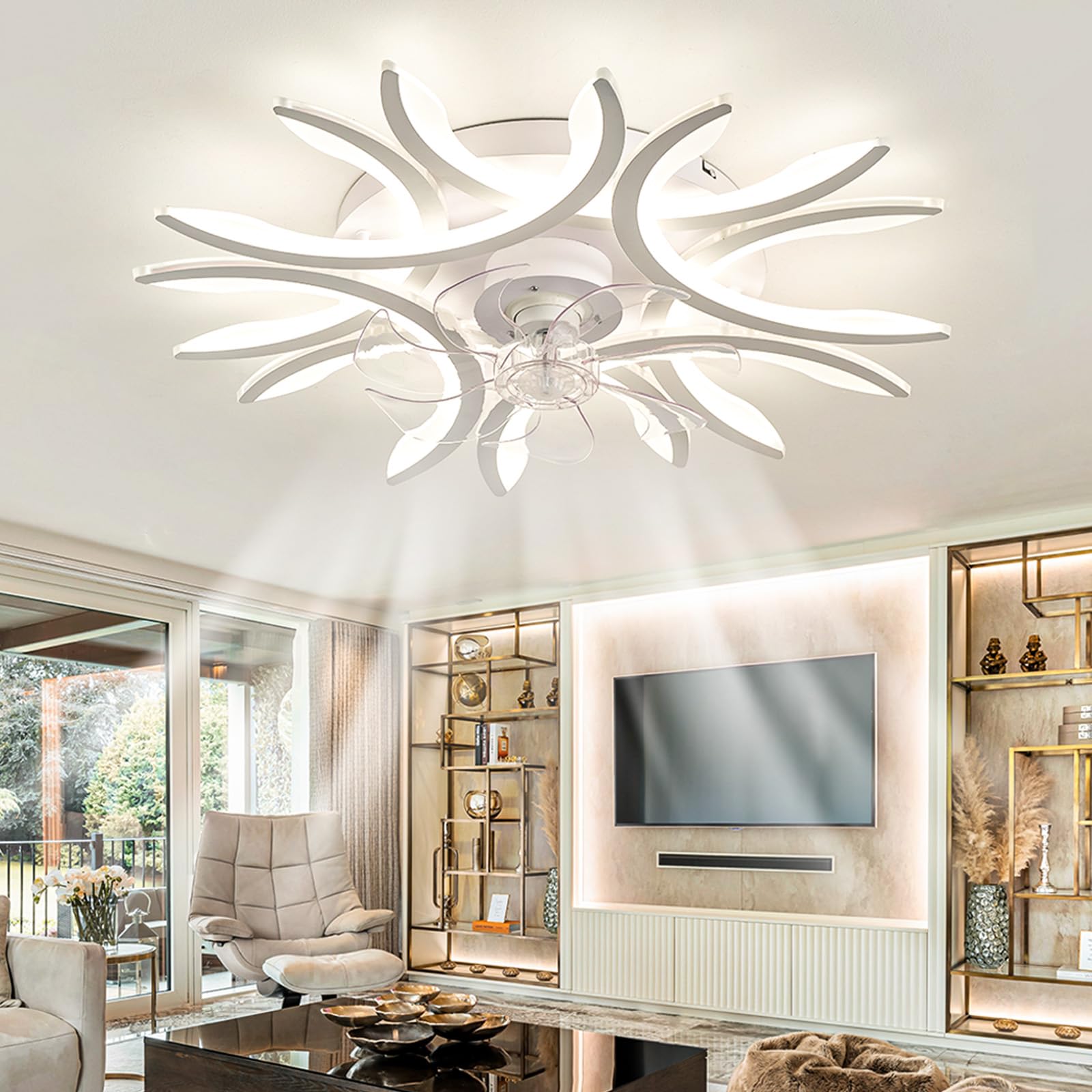 Caufloce Ceiling Fans with Lights Reversible Bedroom Ceiling Fans with Lamps Dimmable Led Fan Light 6 Speed with Timer Modern Living Roomchandelier with Fan for Kitchen Lounge-75cm White
