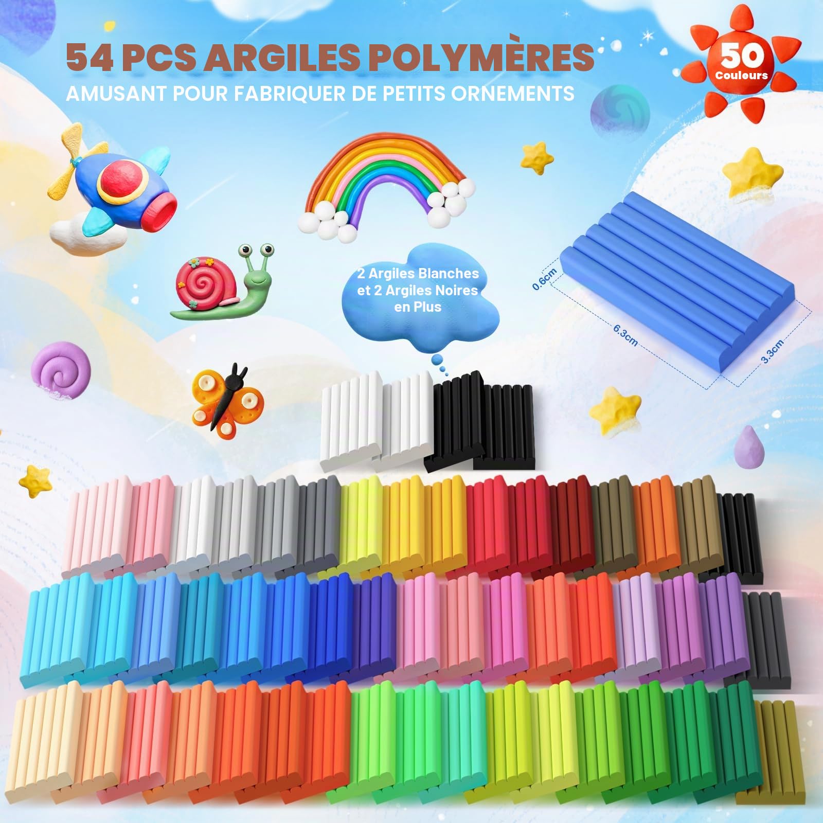 Bridokit 54 Pcs Pate Polymere, Cuisson Argile Polymère, Pâte Polymère pour Enfants avec 19 Outils de Modélisation et 2 Moules en Silicone, Cadeau de Noël pour Enfant