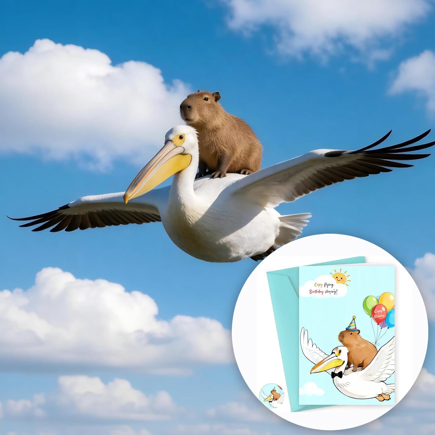 1 Pack Funny Capybara Birthday Card with Envelopes & Stickers, Assorted “Capy Birthday” Animal Pun, 9 Unique Designs, 4x6", for Capybara Lover Gifts, Capy Themed B-day Party Favor (Flying with Pelican)
