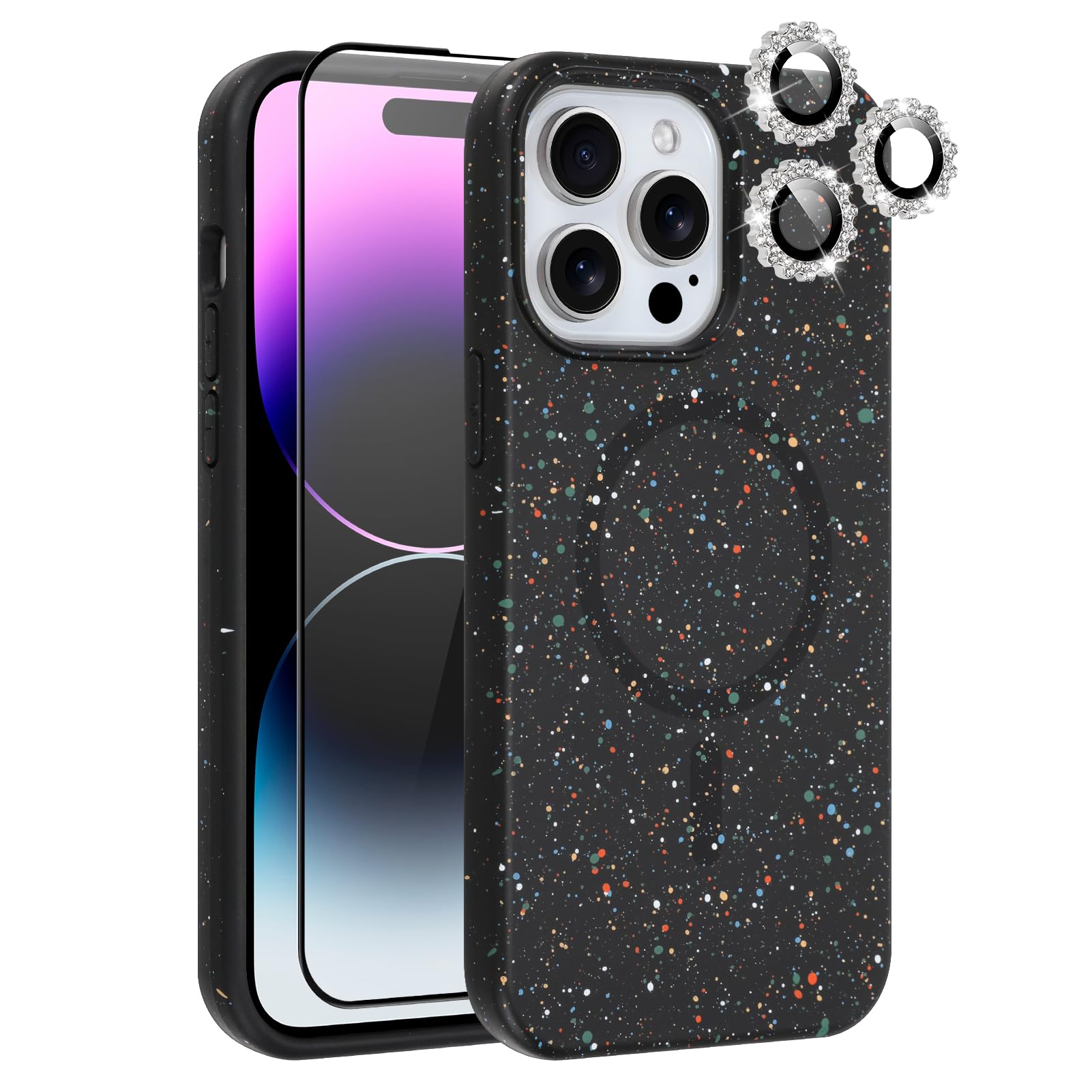 MZELQ for iPhone 14 Pro Max Case, Compatible with MagSafe, Shower Black, Shockproof, Drop Proof, Ultra-Slim, Diamond Camera Protector, Screen Protector, Silicone Phone Case