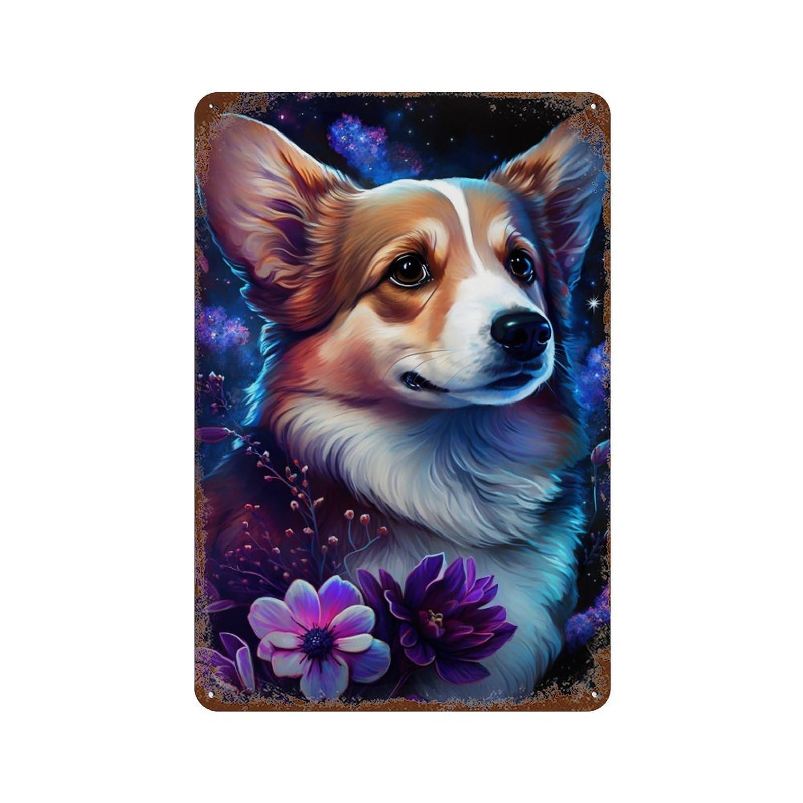 Magical Corgi with Flowers -1 Distressed Metal Wall Sign 11.8"x7.9", Ideal for Pub, Kitchen And Man Cave Decor