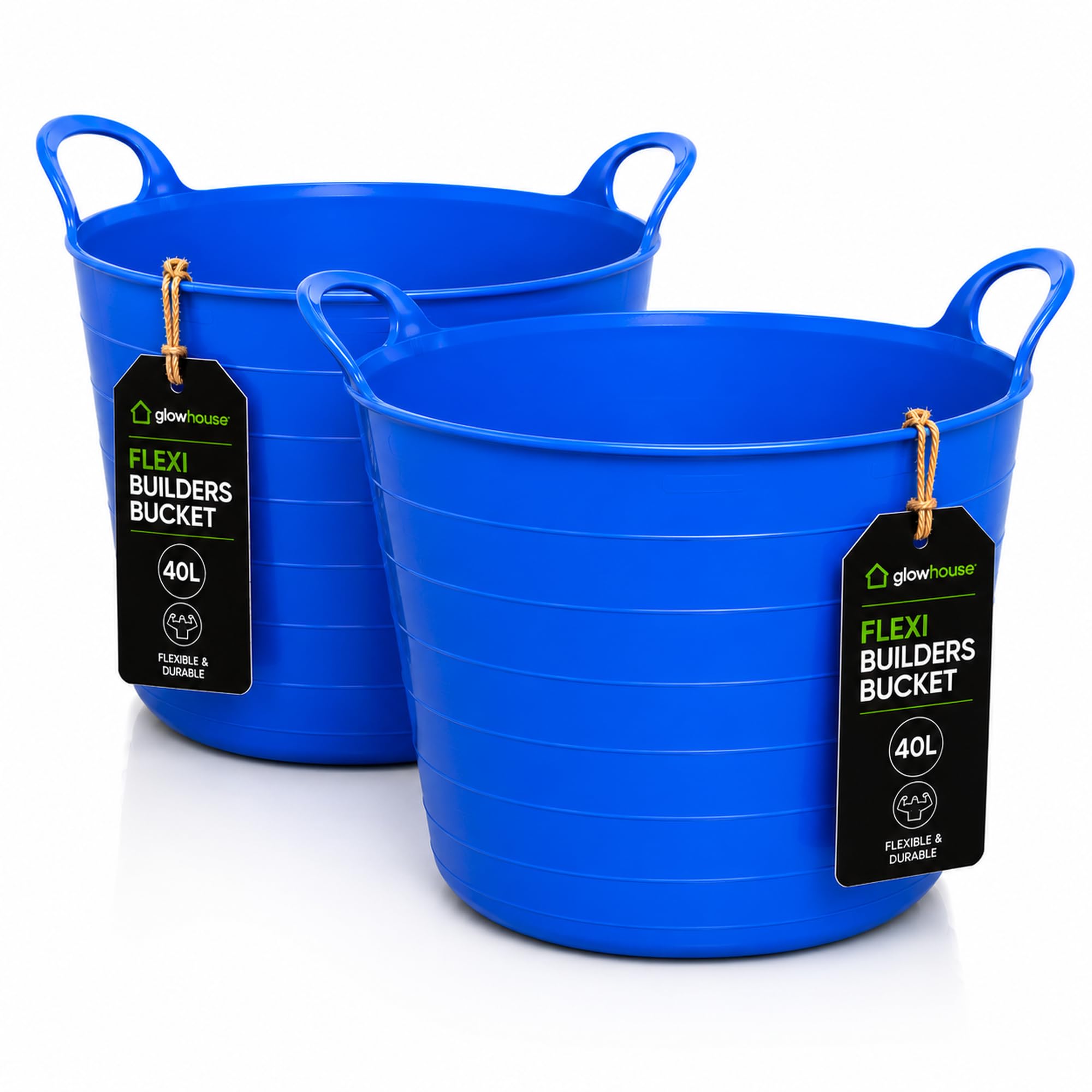 Flexi Buckets Heavy Duty Flexible Tub Trug Strong Multi-Purpose Garden, Stable, Feed, Cleaning & Storage Bucket Durable Carry Handles for Home, Garden, DIY & Outdoor Use (Blue, 40 Litres Pack of 2)