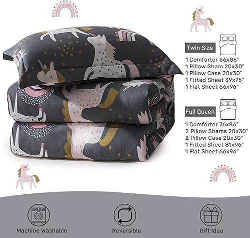 Miniatura 6 de HollyHOME Juego de edredón de microfibra suave de unicornio y arco iris para adolescentes y niñas, juego de cama de 7 piezas en una bolsa, tamaño