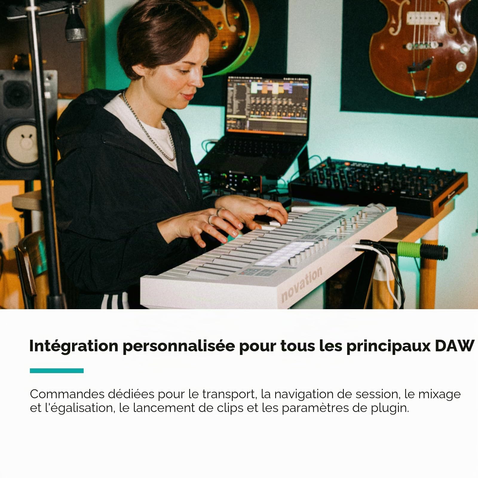 Novation Launchkey 49 White MK4 Clavier Maître USB MIDI | USB, 49 touches semi-lestées, blanc, 16 pads avec aftertouch polyphonique, 9 faders, molettes de pitch/modulation, écran OLED