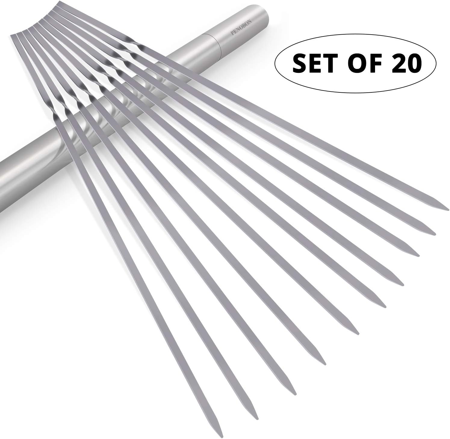 Kabob Skewers(Set of 20), 14'' Shish Kebab Skewers 304 Stainless Steel BBQ Barbecue Skewers Flat Metal Grilling Skewers, Reusable BBQ Sticks with Portable Storage Tube
