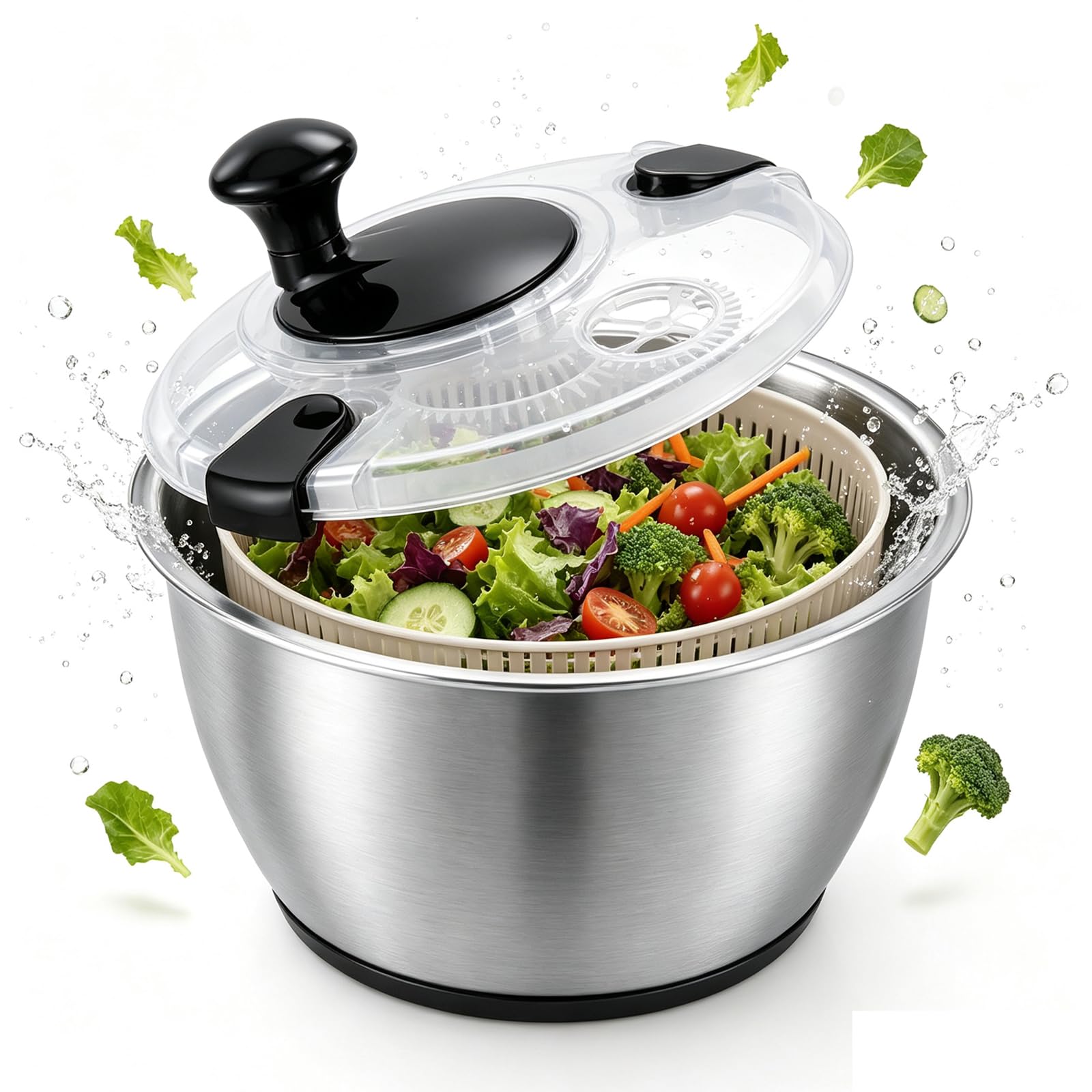 Centrifuga per insalata in acciaio inox, 5 l, con coperchio e beccuccio, antiscivolo, per insalata, verdure, frutta, lavabile in lavastoviglie, senza BPA, azionamento a manovella
