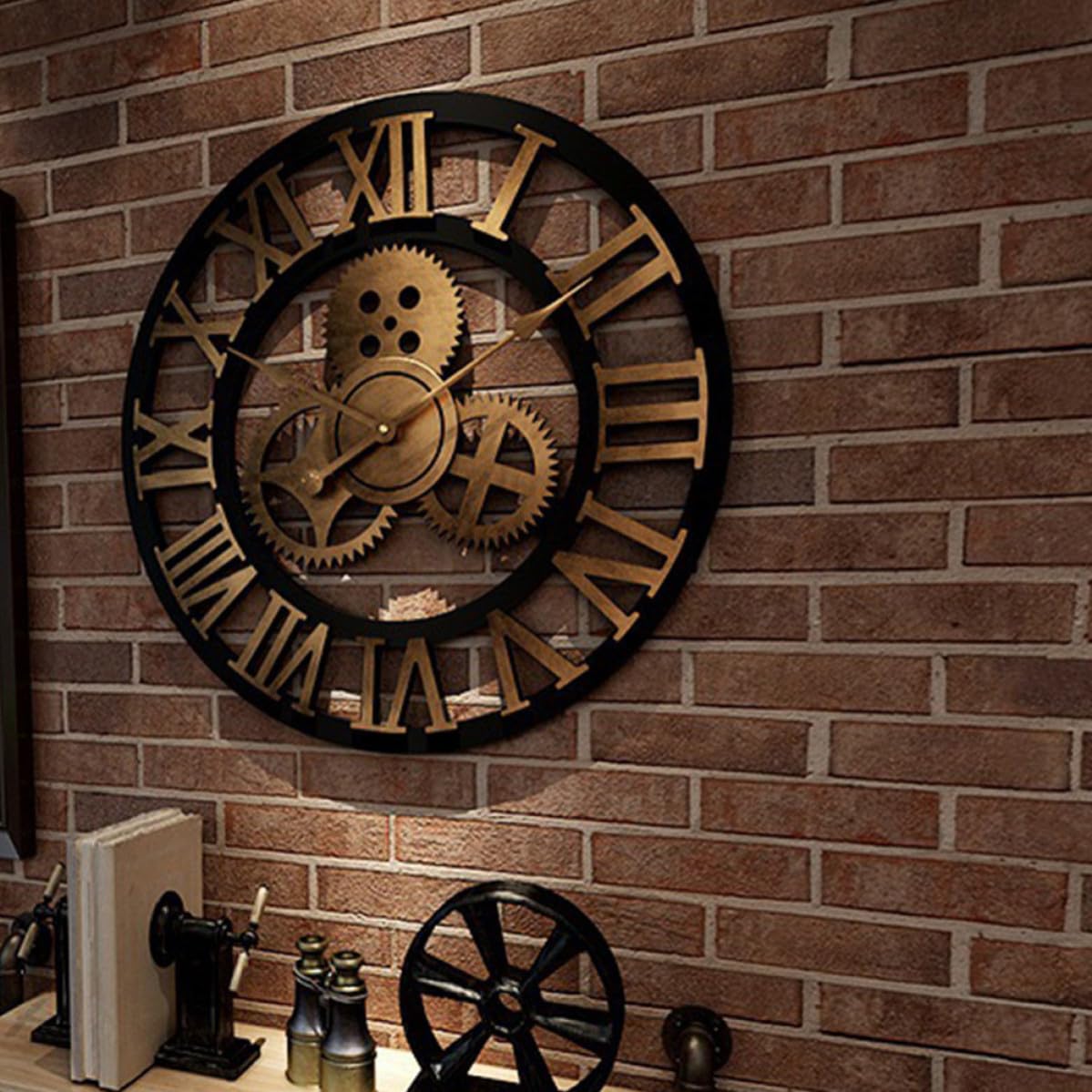 MERRYHAPY Reloj de Pared Silencioso y Preciso en Metal y Madera Industrial Engranajes Giratorios, Diseño Elegante para Sala de Estar o Estudio