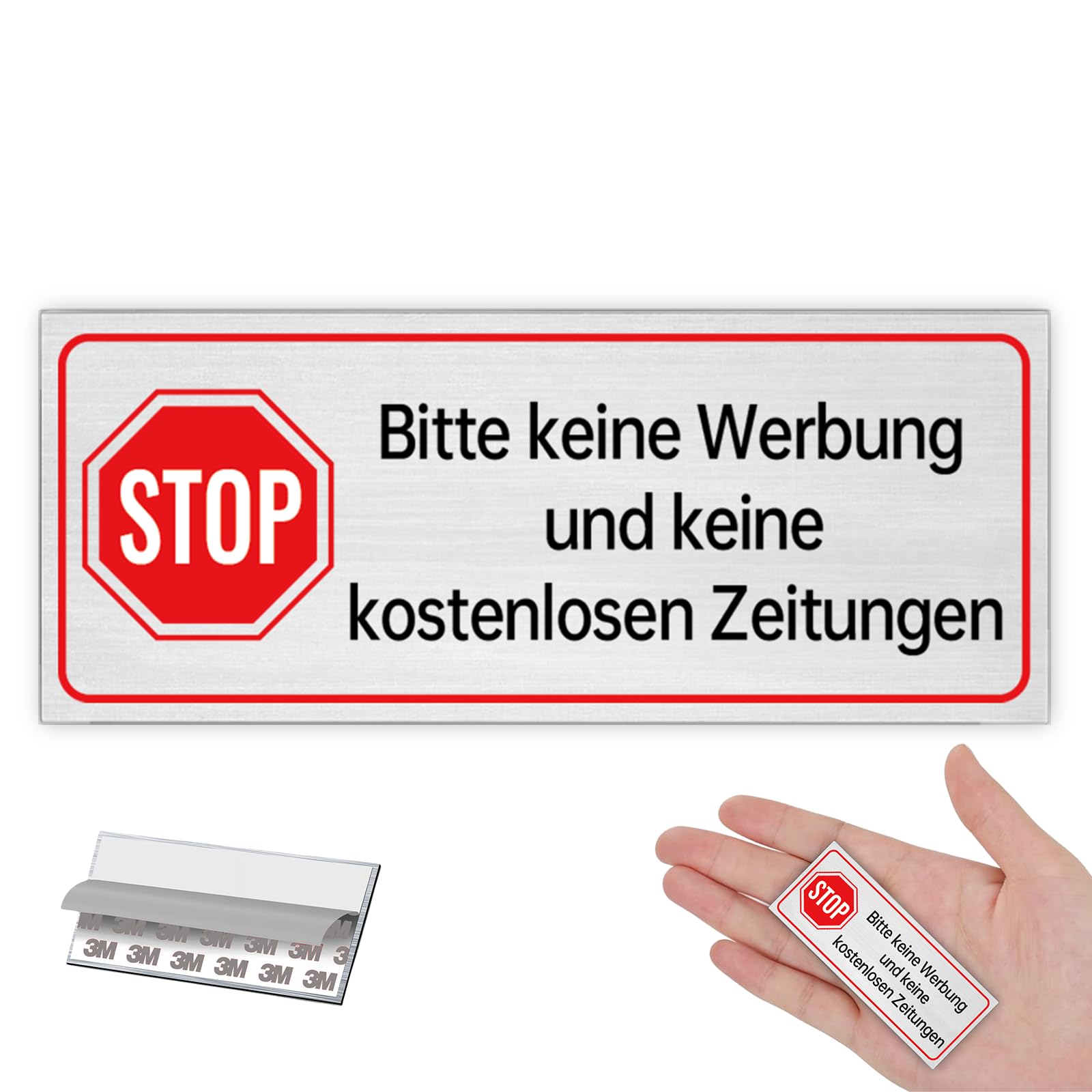 1 Stück Keine Werbung Aufkleber Schild Briefkastenschild Selbstklebend - Stop Bitte keine Werbung und kostenlose Zeitungen [65x25mm, 100% Alu, Tape]