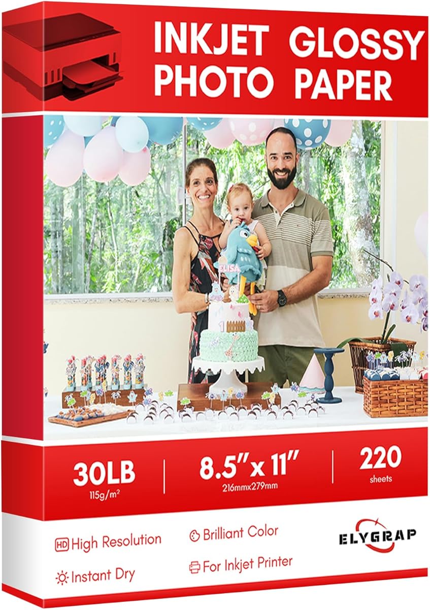 Glossy Thin Inkjet Printer Paper 115gsm 30Lb 220 Sheets 8.5x11 Inches for DIY Chip Bag and Print Brochure Flyer,Compatible Inkje Printer and Dye ink Elygrap