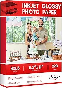Glossy Thin Inkjet Printer Paper 115gsm 30Lb 220 Sheets 8.5x11 Inches for DIY Chip Bag and Print Brochure Flyer,Compatible Inkje Printer and Dye ink Elygrap