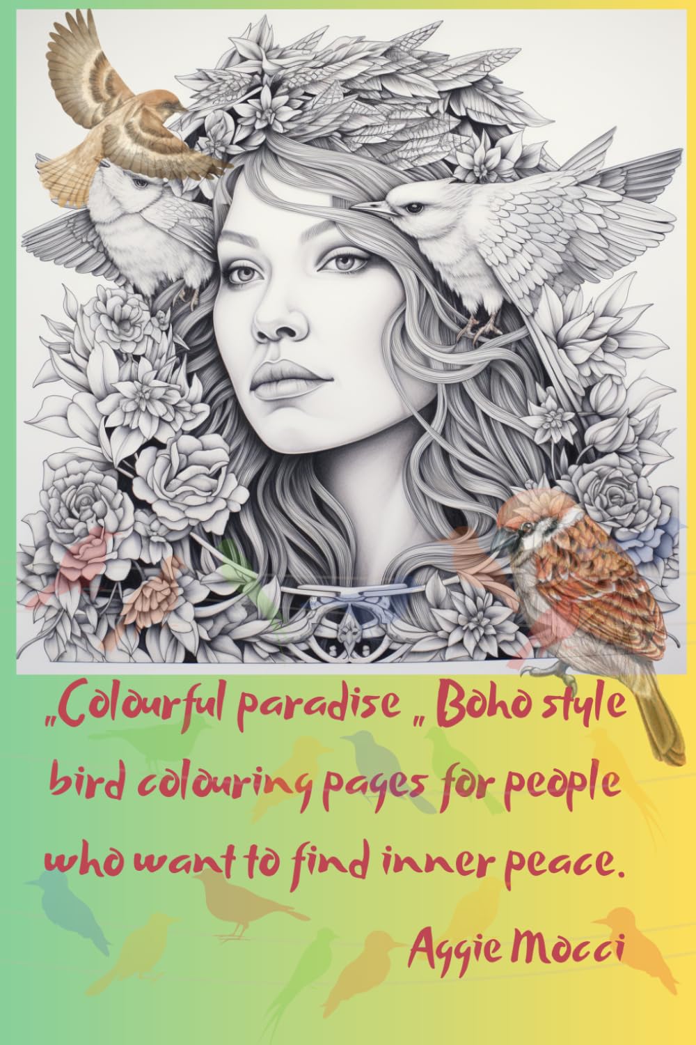 „Colourful paradise „: Boho style bird colouring pages for people who want to find inner peace.