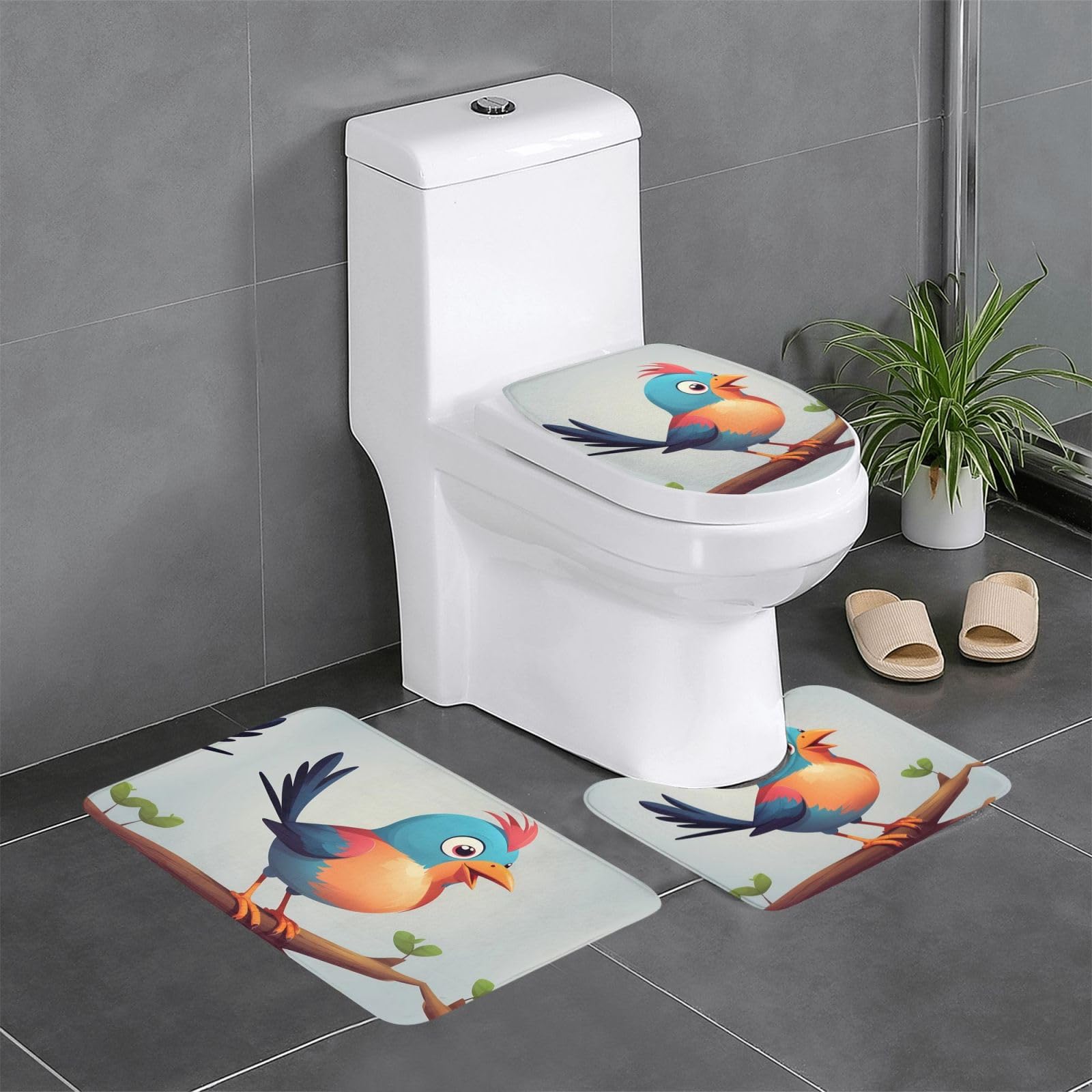 Tapis de salle de bain antidérapants avec motif oiseau pour une déco de toilette ludique
