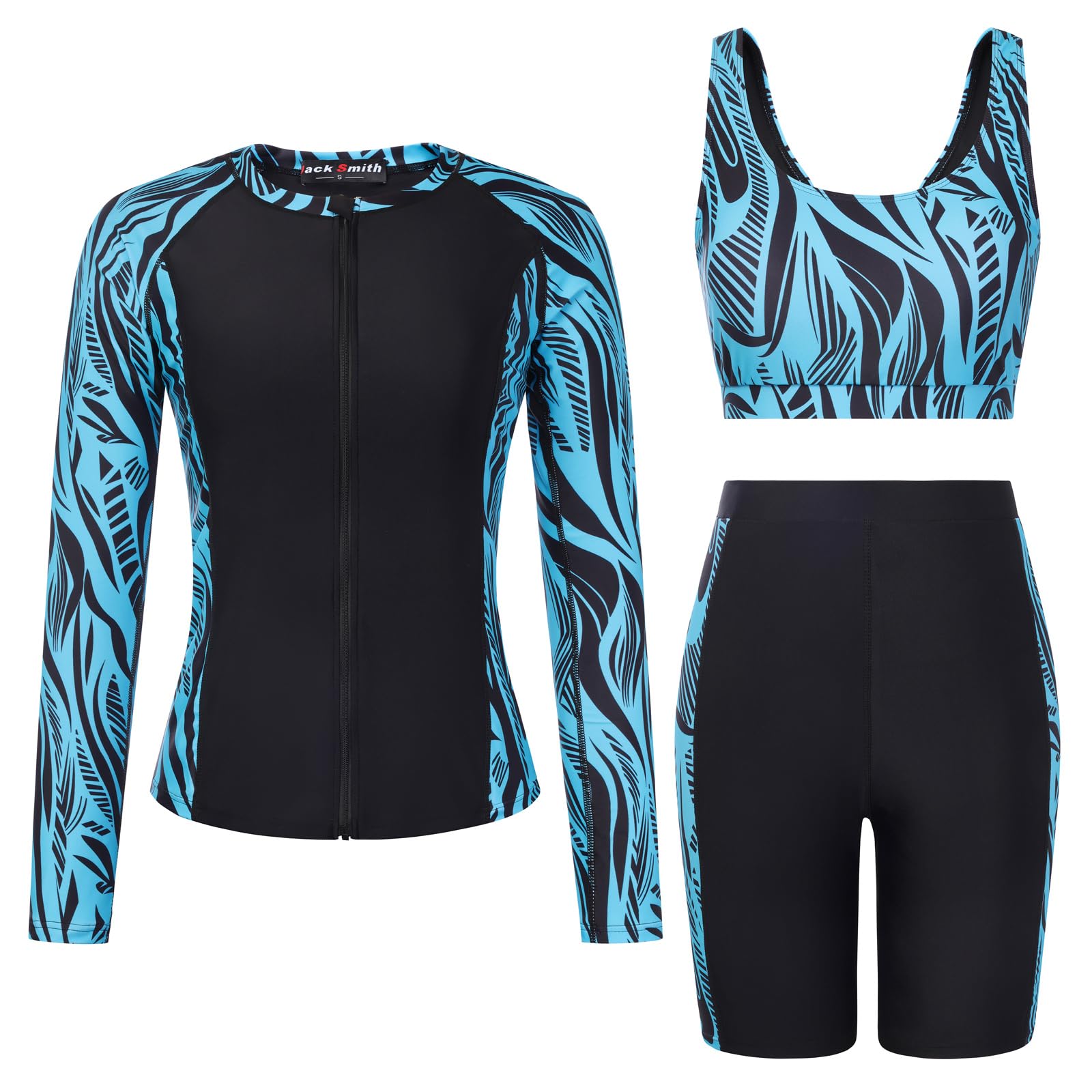 JACK SMITH Women's 3 Piece Long Sleeve Rash Guard Swimsuits Zip Front Bathing Suit Tankini Swimsuits UPF 50