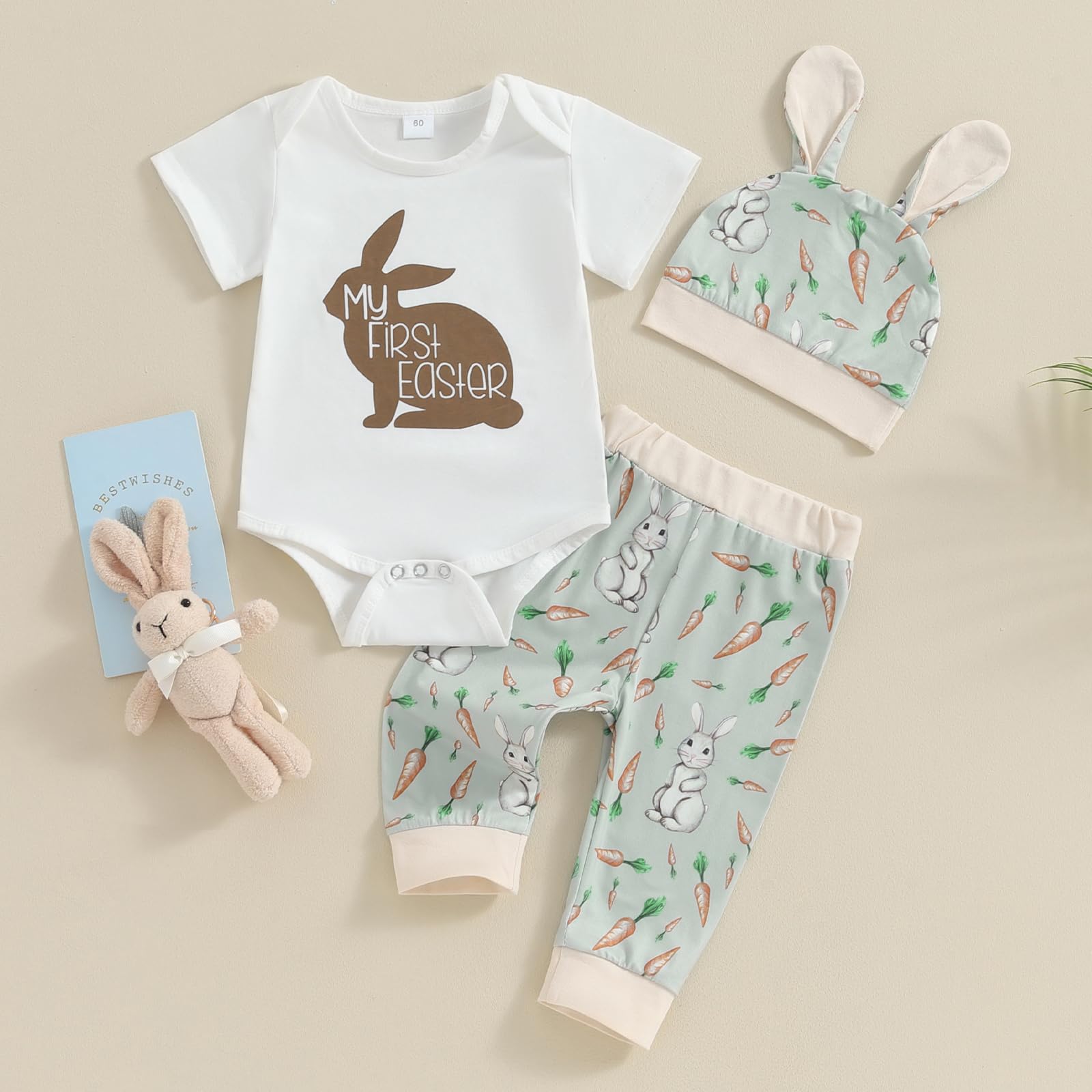 Thilsidee Newborn Baby Boy Girl Easter Day Clothes Set Short Sleeve Rabbit Romper Long Pants Hat My First Easter Outfits (A-White, 0-3 Months)
