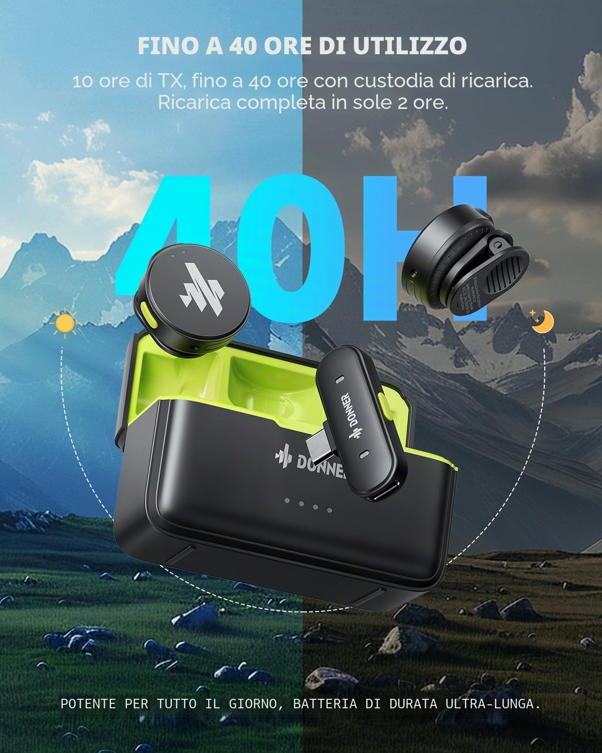 Donner Microfono lavalier wireless con tipo C per iPhone 15, microfono da bavero plug-play per iOS e Android con cancellazione del rumore, 305M 40H 48KHz 24Bit, mini microfono professionale a doppio