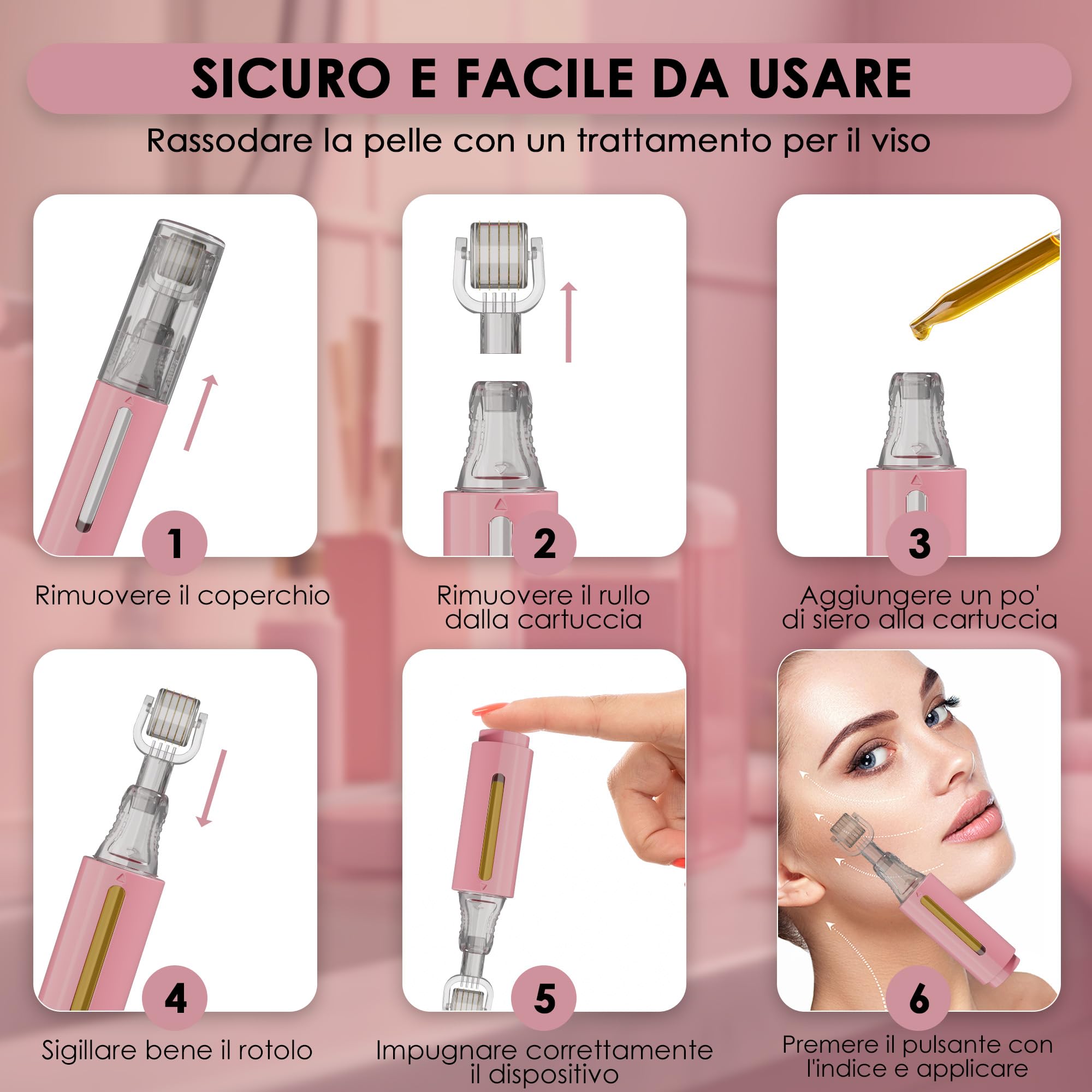 HAMINOS Derma roller 0,25 mm con Serbatoio per Labbra, Pelle, Capelli, Rughe, Smagliature, Iperpigmentazione APPLICAZIONE DEL SIERO ISTANTANEO, 105 aghi in titanio