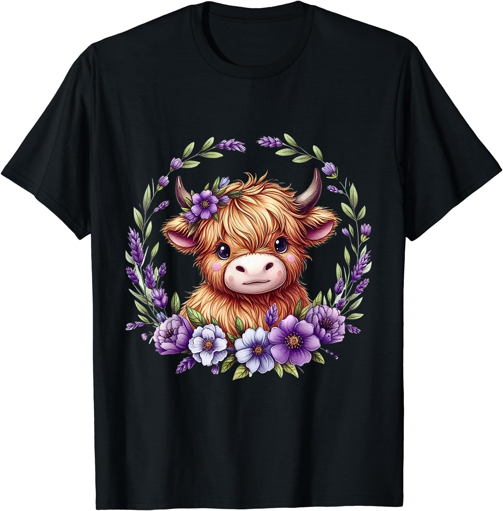 Baby Highland Cow With Purple Flowers Scottish Farm T-Shirt