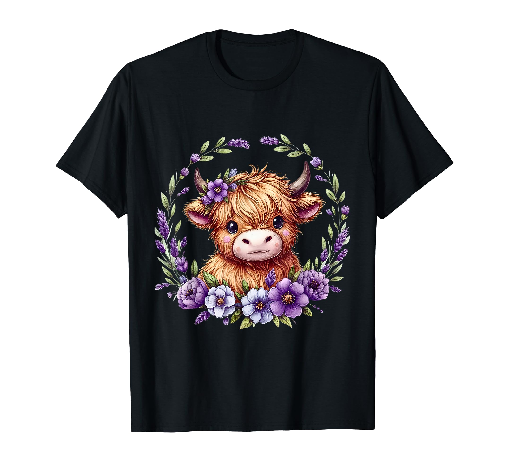 Baby Highland Cow With Purple Flowers Scottish Farm T-Shirt