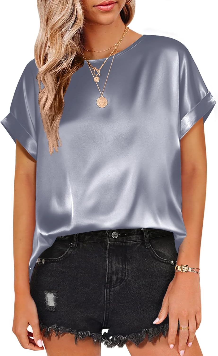 HOTOUCH Women's Short Sleeve Pullover Blouses Satin Silk Shirts Casual Loose Work Tunic Tops - Image 2