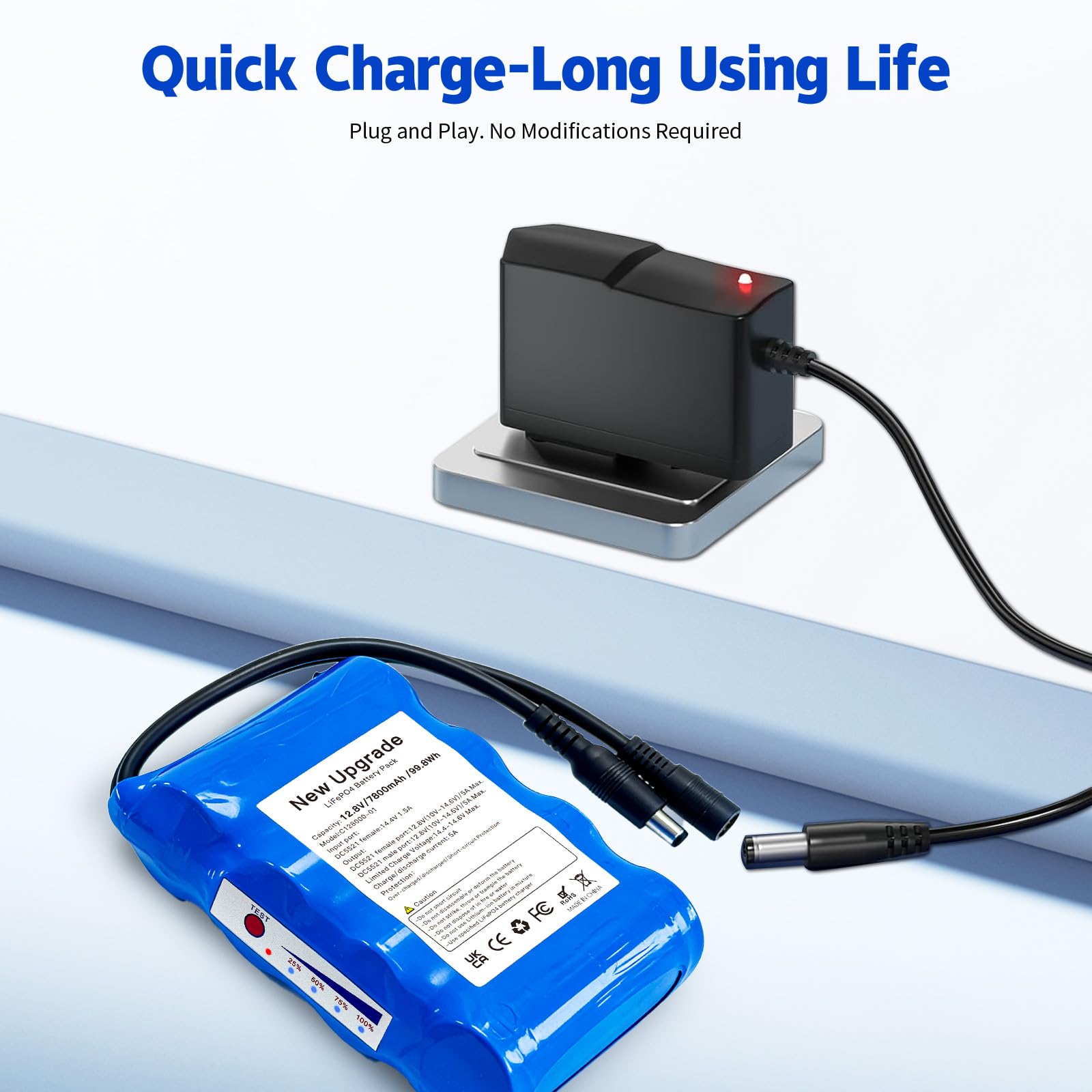 12.8V LiFePO4 Akkupack, 3000+ Zyklen Wiederaufladbare 12.8V 6Ah 99.84Wh Lithium Eisen Phosphat Batterie mit DC Ausgang für LED Streifen, CCTV Kamera, Router, DIY und mehr