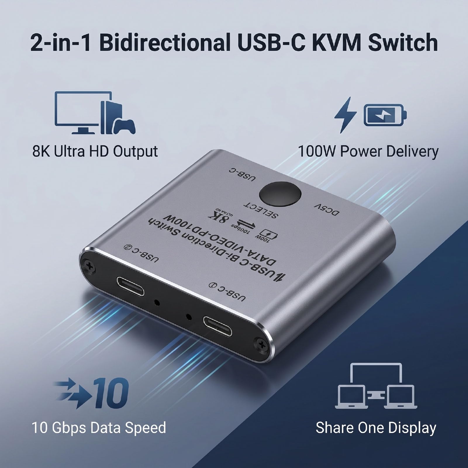 Sélecteur KVM USB C 8K 60Hz, Commutateur Bidirectionnel à Chargement