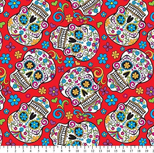 Sugar Skulls Red Cotton Fabric by The Yard