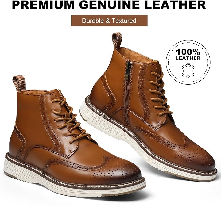 Mens Dress Boots, Genuine Leather Brogue Wingtip Mens Casual Oxford Boots with Side Zipper, Comfortable Formal Lace Up Chukka Ankle Boot for Men
