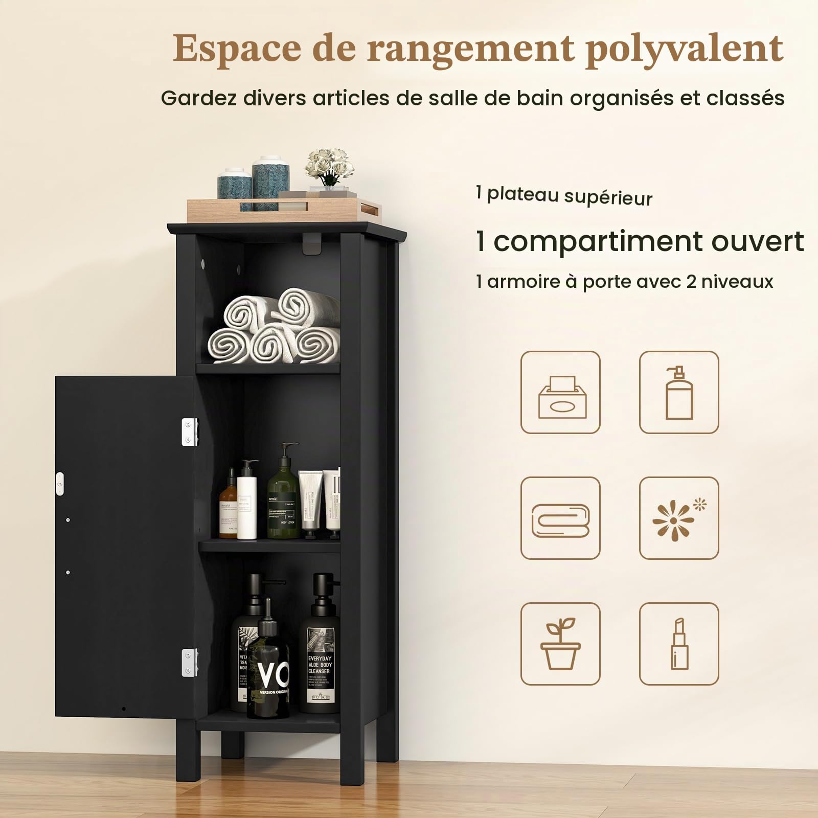 LIFEZEAL Meuble de Salle de Bain, Armoire sur Pied avec Compartiment Ouvert et Étagère Réglable, 30 x 30 x 80 cm, Style Moderne, Meuble de Rangement pour Salle de Bain, Salon, Cuisine (Noir)