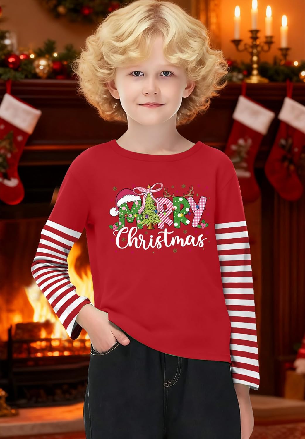 Kids Christmas Shirt: Boys Girls Xmas Holiday Long Sleeve Graphic T-Shirt Kid Merry Christmas Tee Tops 5-12 Years - Image 3