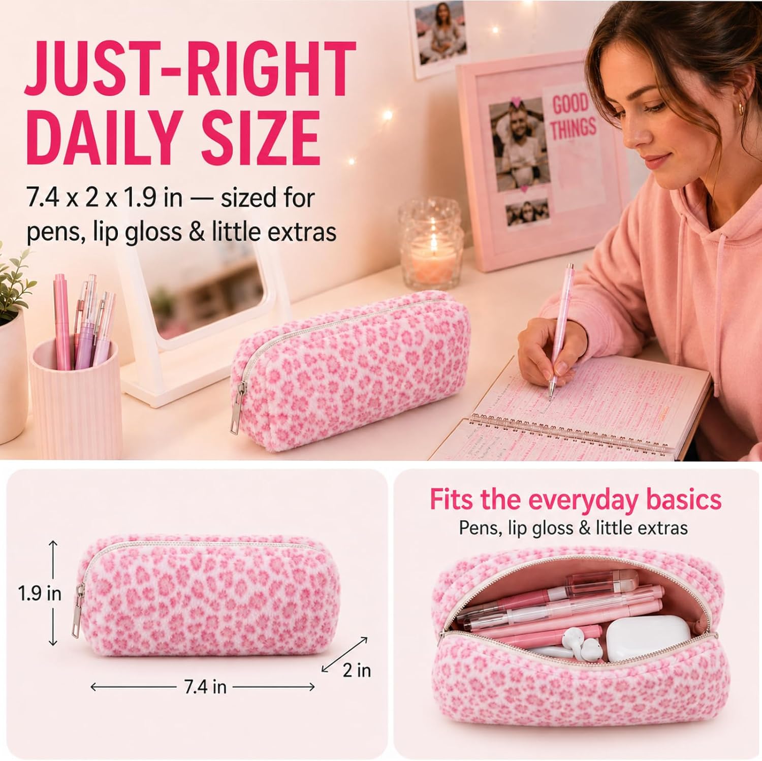 2Pcs Fluffy Leopard Pencil Case Set, Cute Fuzzy Makeup Bag & Card Holder Wallet, Y2K Aesthetic Office Supplies, Large Capacity Pen Pouch Organizer for Women (dark pink) image 2