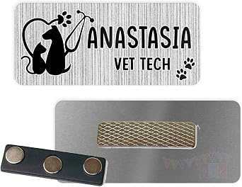 Cat & Dog in Heart Paw Stethoscope - Grey - Vet Tech - PERSONALIZED - Custom Name Tag - 1.25" x 3" Magnetic OR Pin Back - 183NT