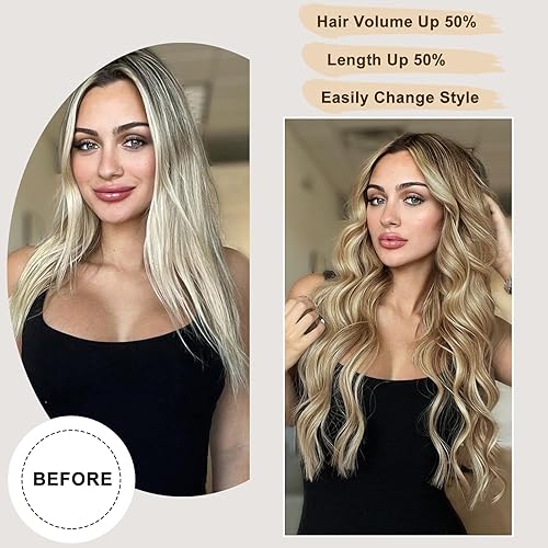Miniatura 6 de Extensiones de cabello largo ondulado con clip, de 20 pulgadas, con mezcla de rubio dorado, rubio platino, 4 piezas, extensiones de cabello grueso