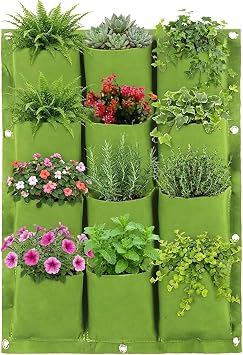 WFIST Vertical Hanging Planter Bag, Breathable Felt Wall Garden Planter with Metal Grommets, Indoor/Outdoor Space-Saving Herb & Flower Growing Pouch 12-Pocket
