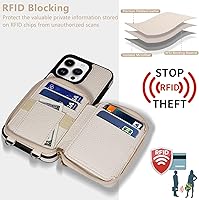 Vista 3 de Keallce Funda compatible con iPhone 15 Pro Max de 6.7 pulgadas, cremallera cruzada con ranuras para tarjetas de bloqueo RFID, soporte, cordón y Beige