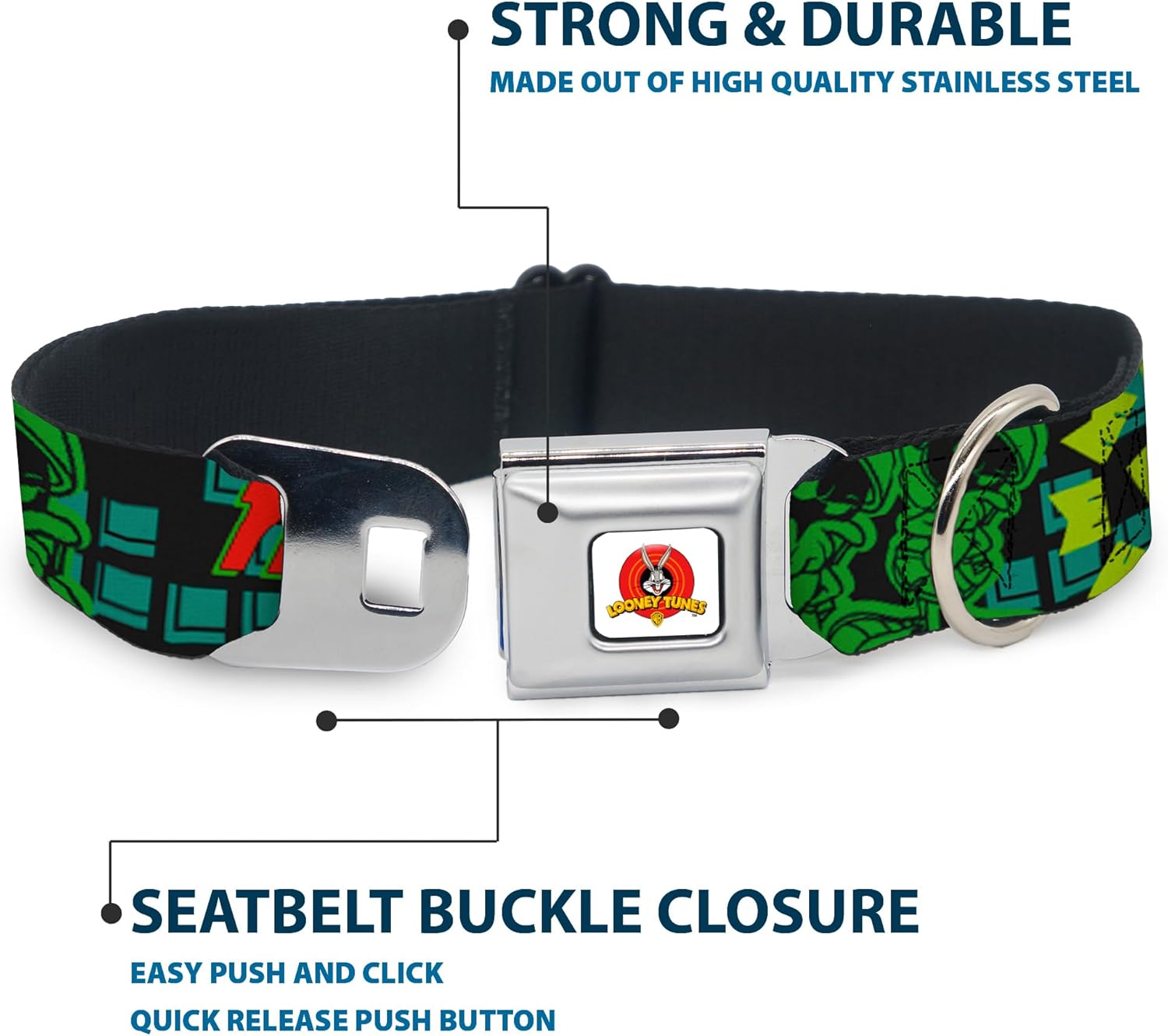 Dog Collar Seatbelt Buckle Marvin The Martian Poses Black Turquoise 9 to 15 Inches 1.0 Inch Wide