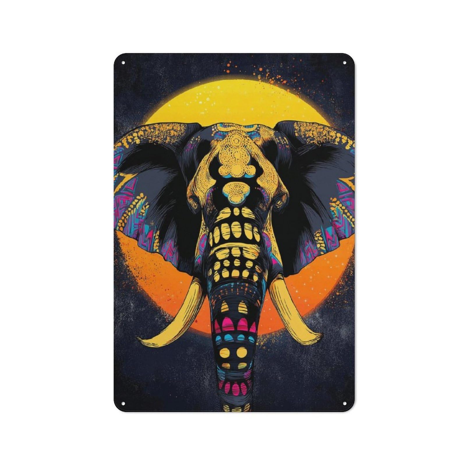 Junmoney Colorful Elephant Artwork Retro Metal Sign With Design 30X20cm, Distressed Look Retro Room Decor For Living Room, Hallway, Kitchen Or Cafe