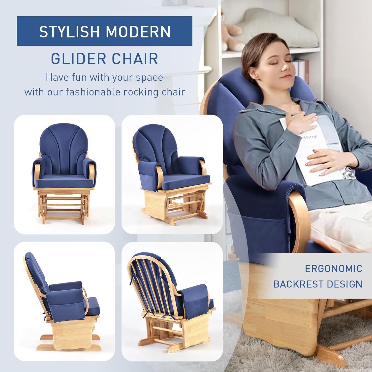 Rubber Wood Anti-Pinching Glider Chair for Nursery, Comfortable Design Rocking Chair with Arm Rest for Living Room Bedroom Reading Room, Velvet Cloth, Modern Blue