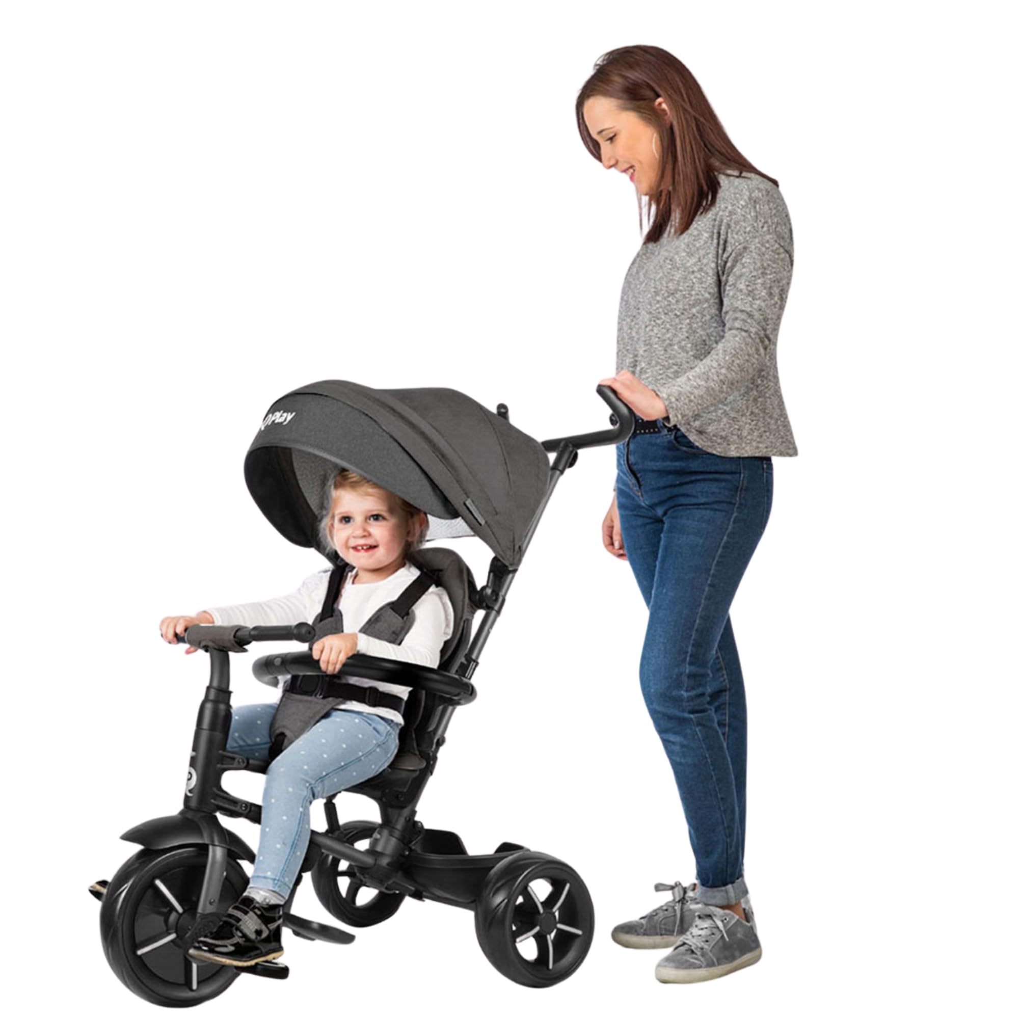 Qplay Triciclo Evolutivo Rito Star Negro | Compacto, Plegable, con Capota Extensible y Freno – para Niños de 10 a 36 Meses