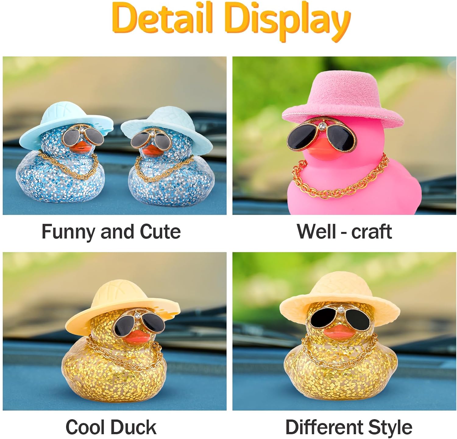 wonuu Car Dashboard Rubber Duck Ornament, Car Decoration Colour Ducks Accessories with Mini Hat Necklace and Sunglasses, G-Yellow-Sun Hat image 4