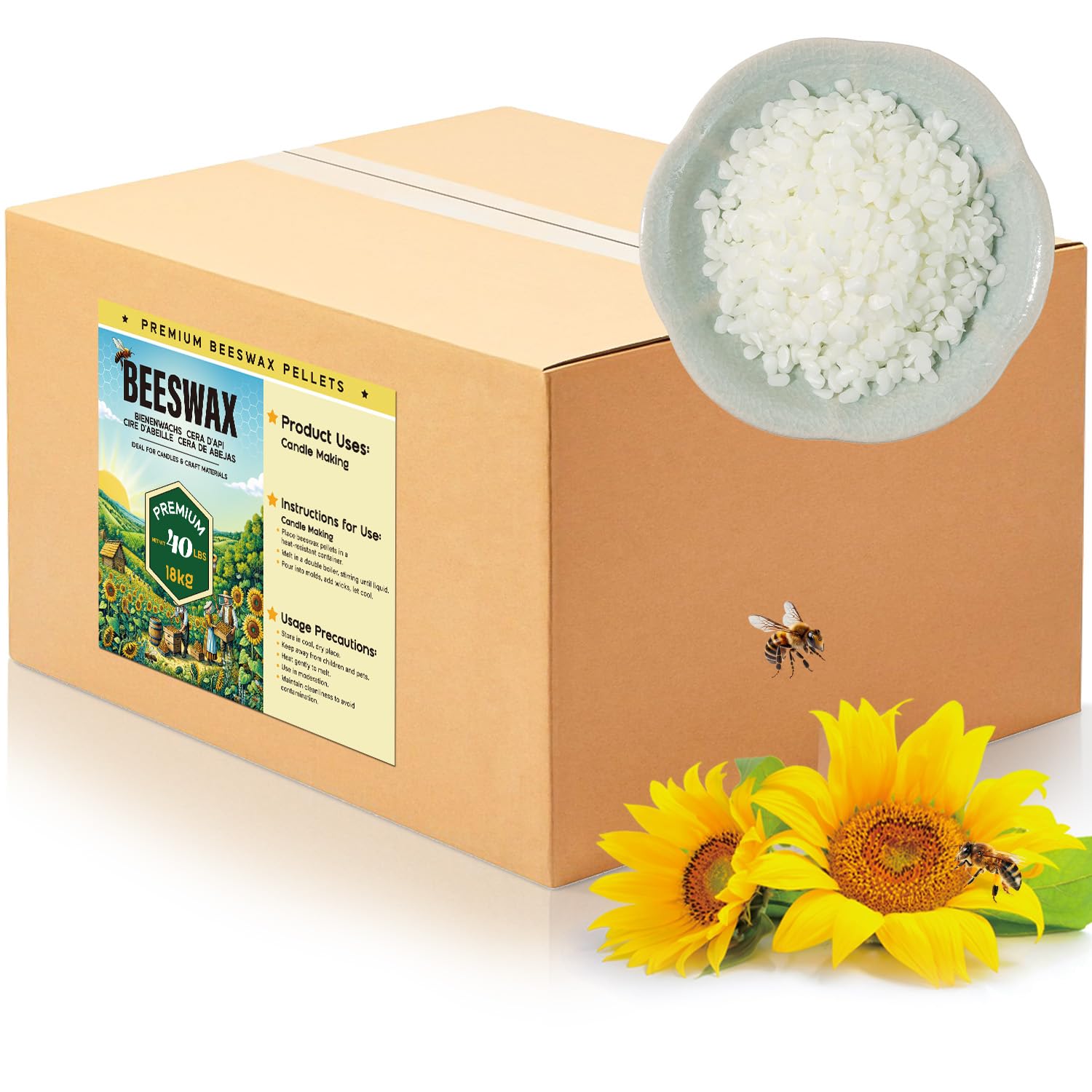 Beeswax Pellets for Candle Making – 5lb/10lb/40lb – Natural Beeswax for Candles, Lip Balms, and Skincare – White Beeswax for DIY Projects – Ideal for Beginners and Experts（40lb）