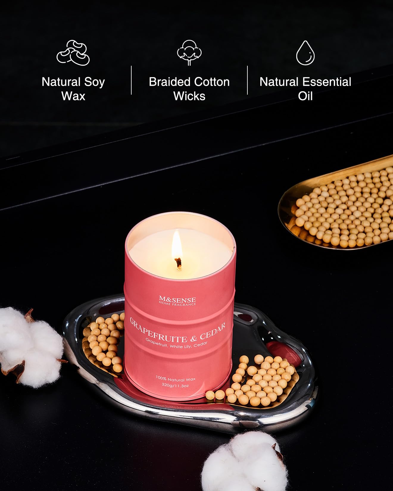 M&SENSE Grapefruit Cedar Scented Candle, 320g Organic Soy Wax, Up to 70 Hours Burn Time, Non Toxic Fresh Home Fragrance - Image 3