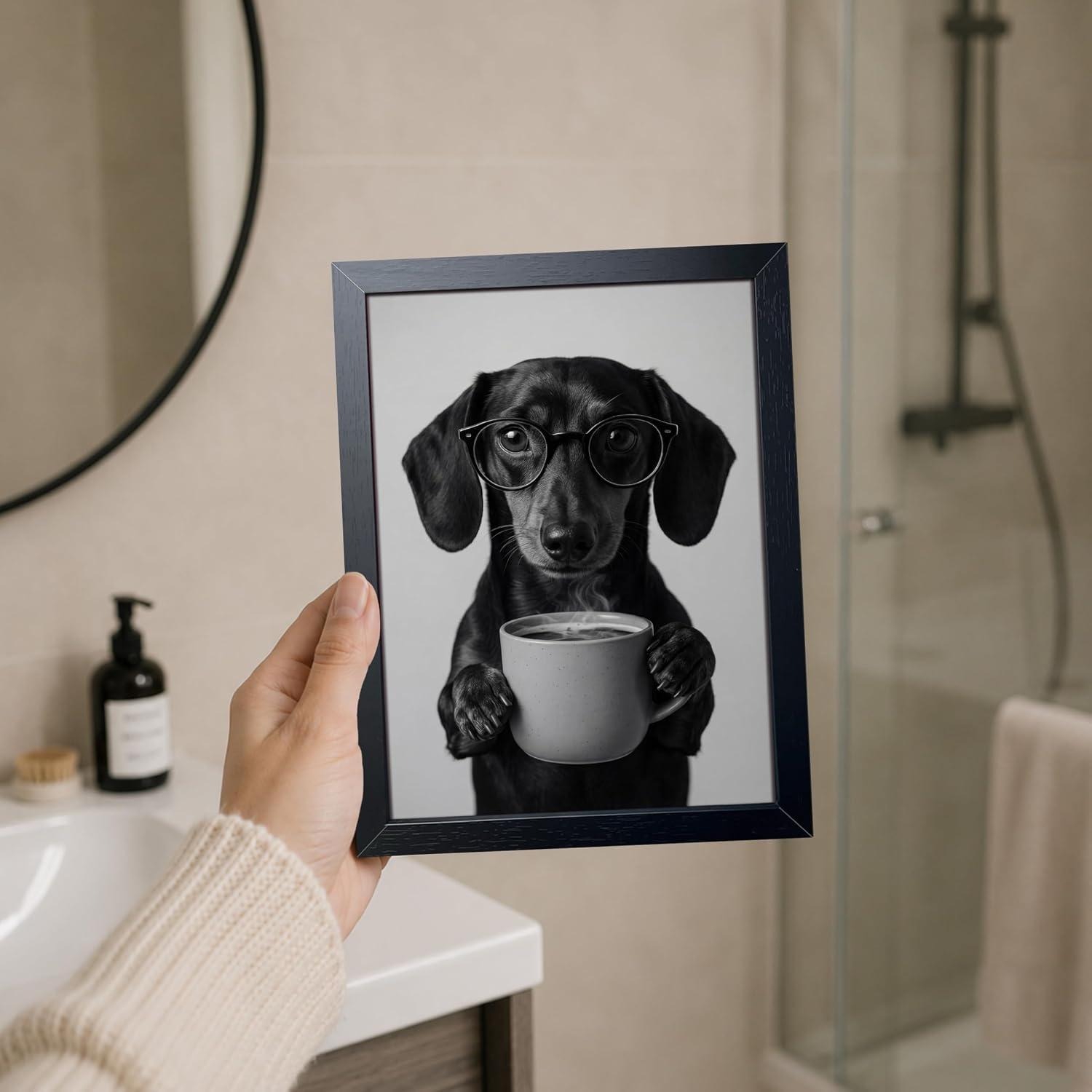 Framed Funny Animals Canvas Wall Art, Cute Black and White Labrador Dog Drinking Coffee Pictures Wall Decor, Modern Farmhouse Funny Painting Prints for Kitchen Dorm Bedroom Home Decor 8x10 inch image 2