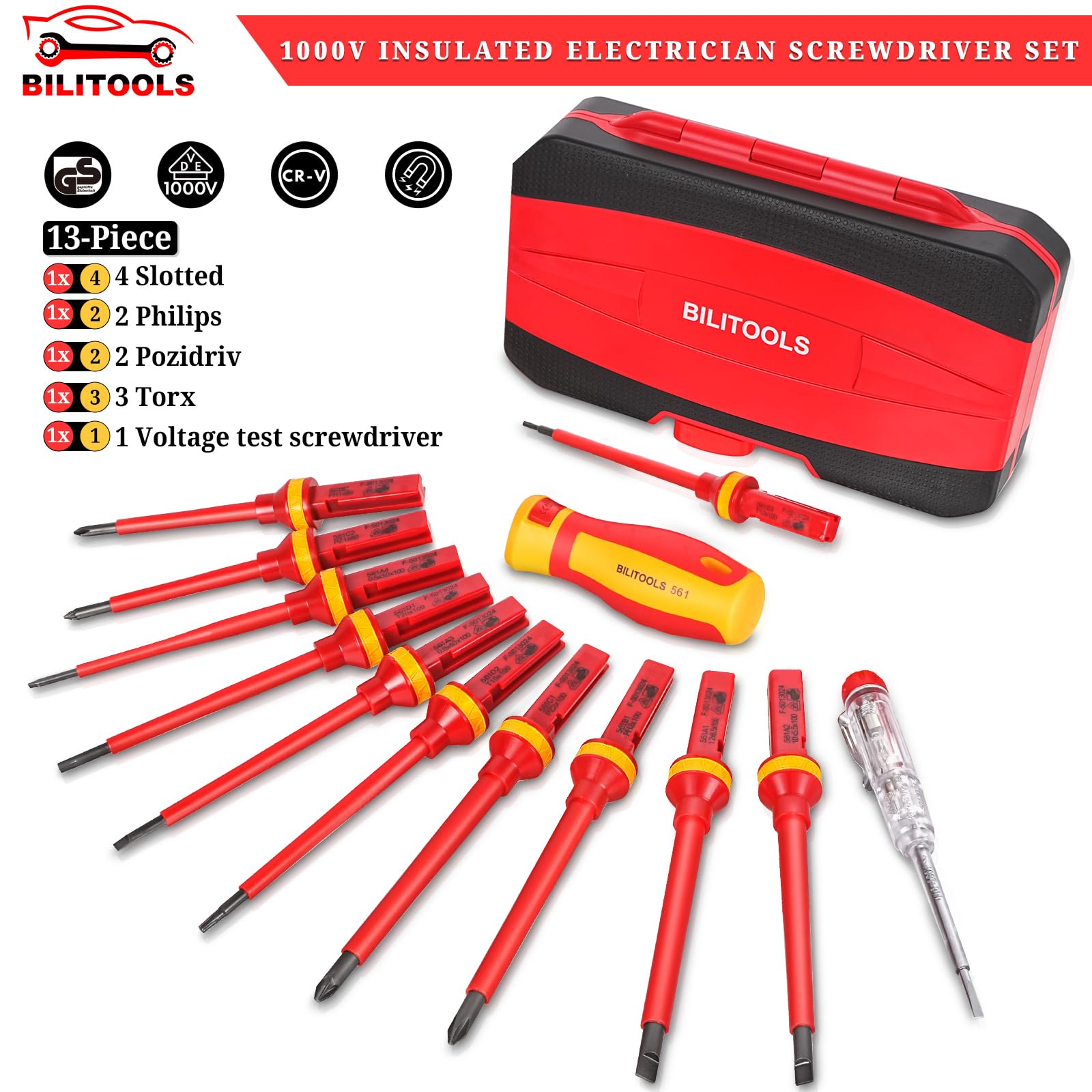 BILITOOLS Set di cacciaviti da elettricista isolati da 1000 V, kit di 13 strumenti elettrici con punte magnetiche in acciaio CR-V, manico isolato, Phillips, scanalato, Pozi, cacciaviti Torx