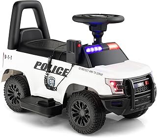 GLACER Kids Ride On Police Car, 6V Battery Powered Electric Toy Car w/Real Megaphone, Music, Siren Flashing Lights & Headlights, 4-Wheel Ride-on Vehicle for Girls& Boys 18-60 Months (White)