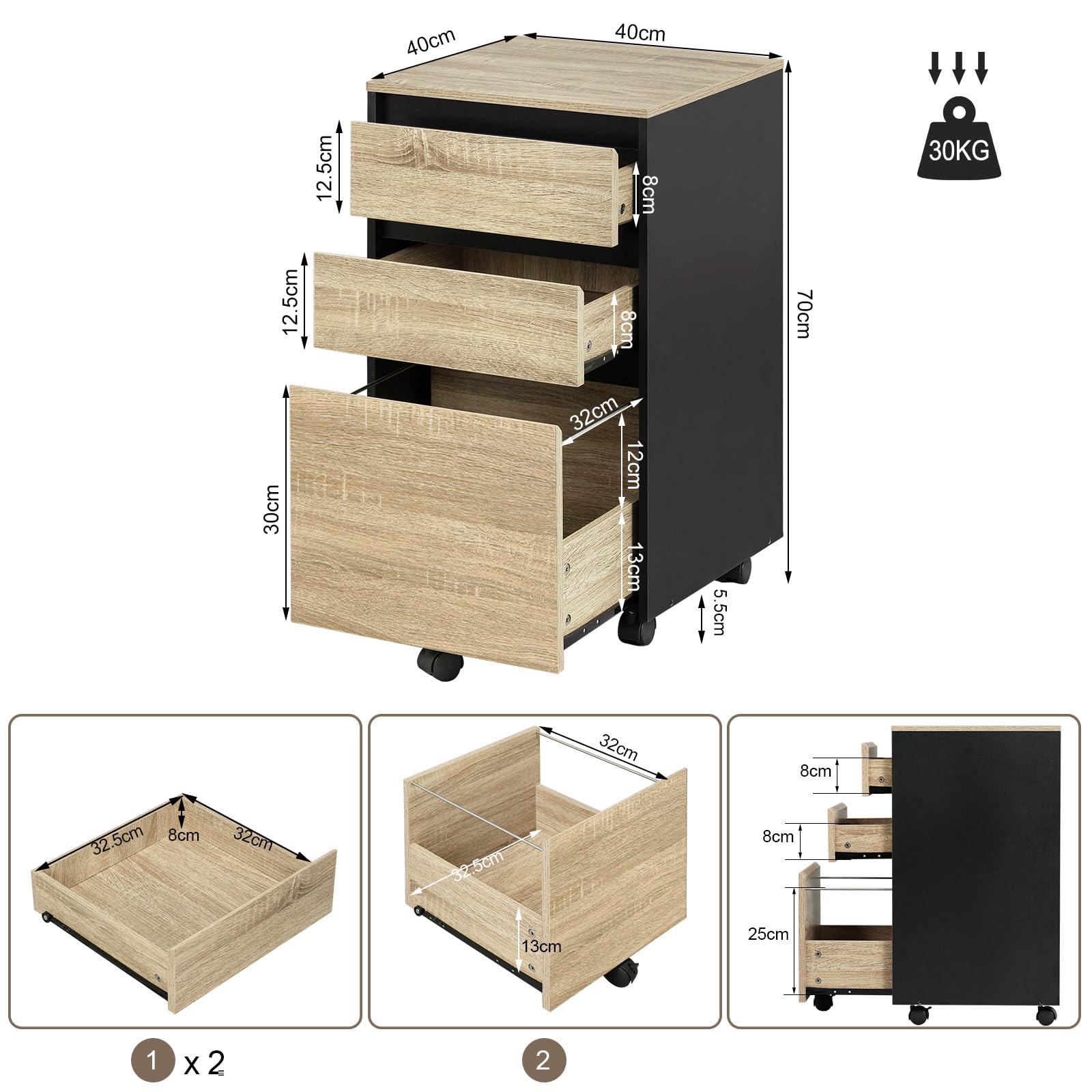 WOLTU mobiler Aktenschrank, Schrank für Aktenordner, Aufbewahrungsschrank im Büro, Büroschrank mit Rollen, Rollcontainer mit 3 Schubladen, helle Eiche schwarz, 40x71.5x40cm, ASK01hei
