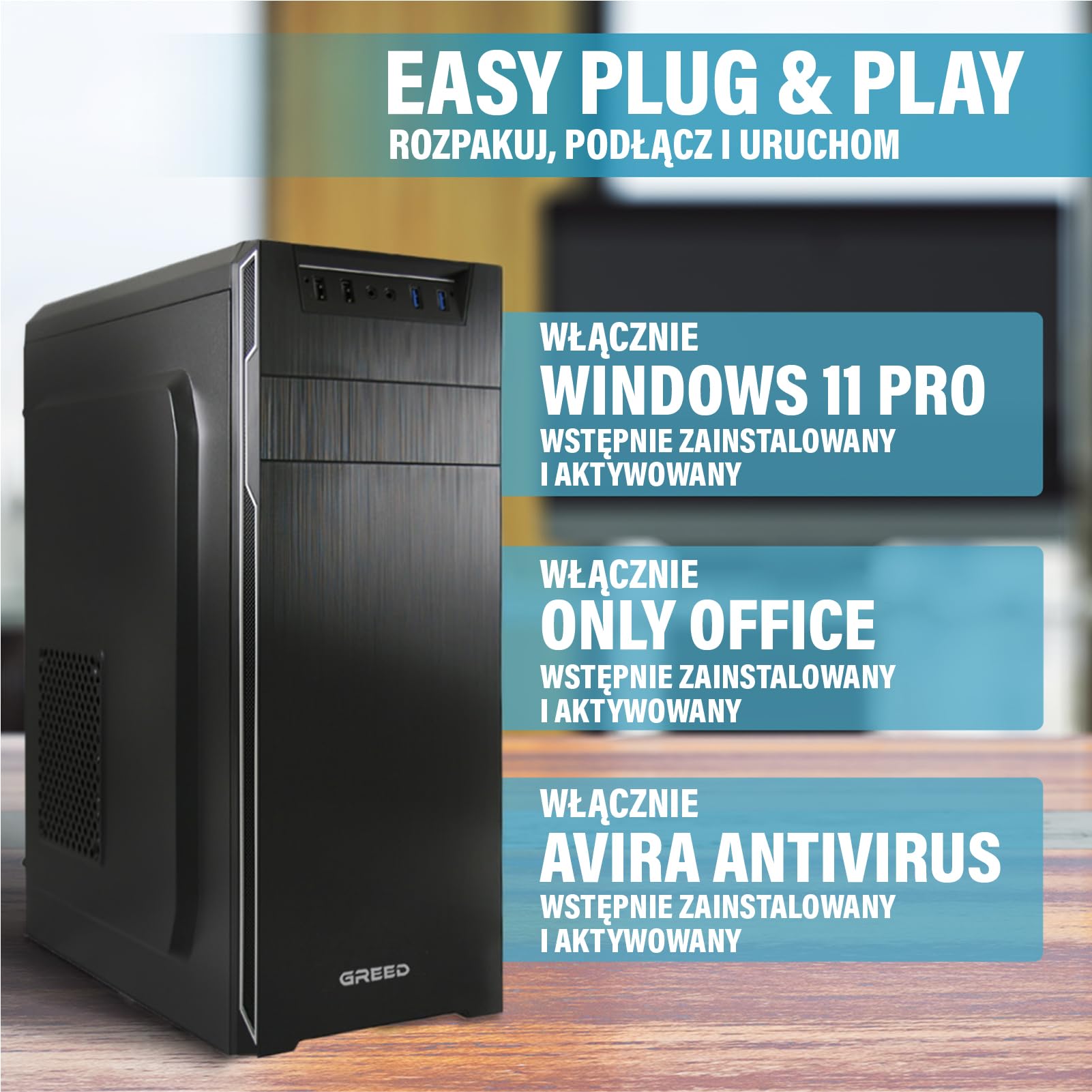 GREED® Intel Core 12th Multimedia PC - komputer stacjonarny do biura i domu szybki Maszyna 4,3 GHz, 16 GB pamięci RAM, 240 GB SSD + 1 TB - DVD+RW - USB3.0, WLAN, w zestawie z systemem Windows 11 Pro
