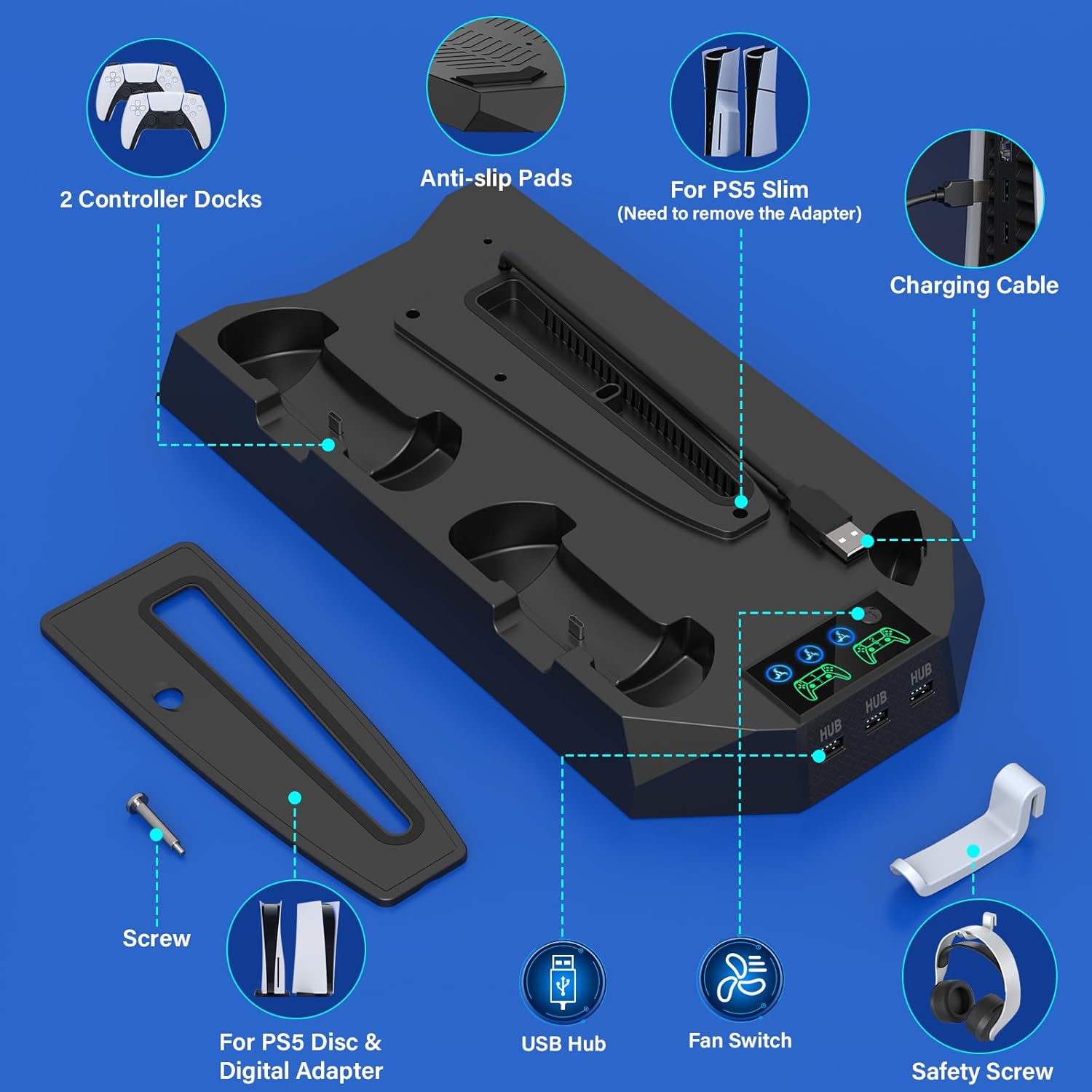 PS5/Slim/Pro Cooling Station with Controller Charging Station for PlayStation 5 Slim/Pro Console, PS5 Cooling Stand Cooler Accessories Incl Cooling Fan, 3 USB Hubs, Headset Holder, Screw - Black
