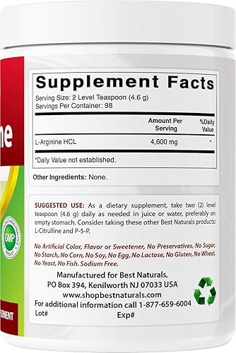 Miniatura 6 de Best Naturals L-Arginina en polvo de 1 libra – Forma pura libre de grado farmacéutico – Los mejores suplementos de arginina de aminoácidos para