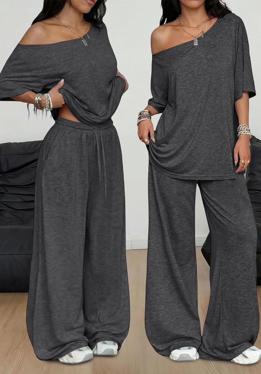 GFU Matching Lounge Sets For Women Two Piece Off The Shoulder Short Sleeve Top Wide Leg Sweatpants S... - Image 4
