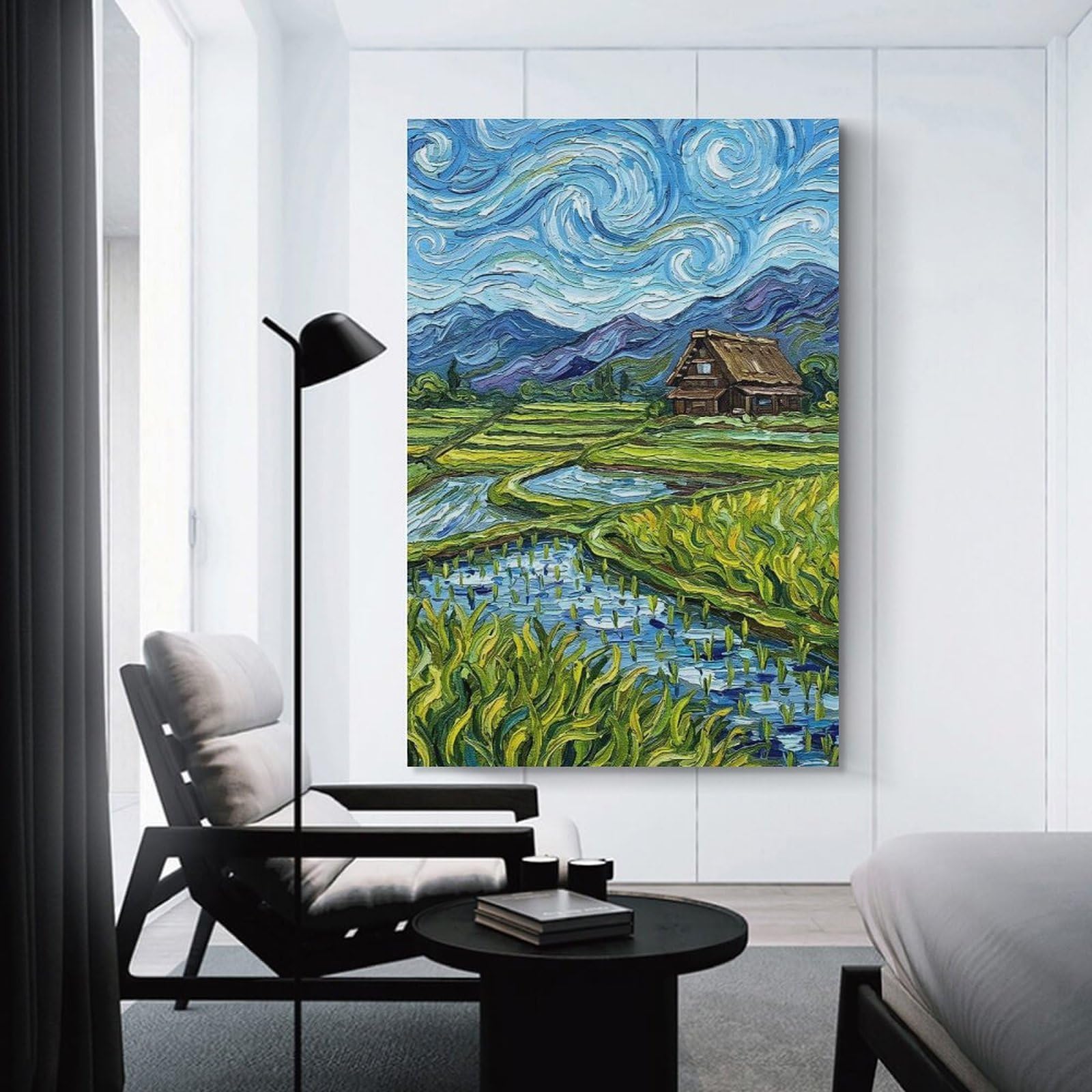 Junmoney Van Gogh Style Japanese Rice Paddies Wall Art Print, 24x36inch(60x90cm), for Study, Office Or Focused Interiors, Home Office Artwork with Decorative Appeal